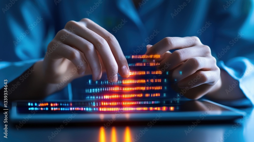 Poster hands interacting with digital interface displaying colorful data visuals
