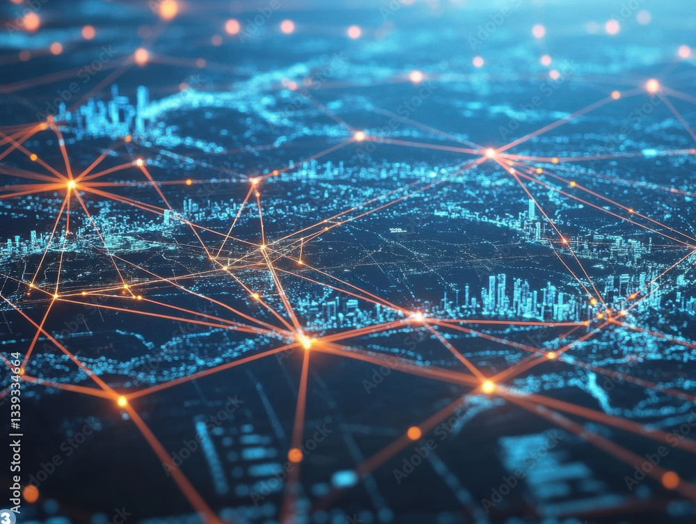 Poster abstract digital city network glowing connections and data streams