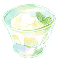 透明のグラスに入った美味しそうなヨーグルトの水彩イラスト(透過PNG)