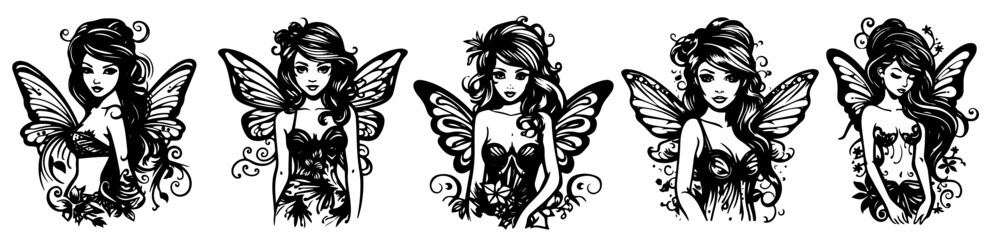 fantasy fairy girl tattoo set black and white hand drawn vector illustrations