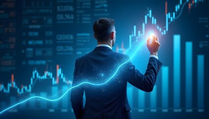 Hand Drawing Financial Growth Arrow on Digital Data Dashboard