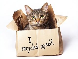 Playful Cat in Box with Funny Quote about Recycling Theme