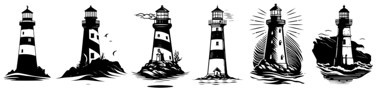 coastal lighthouse illustrations in modern take on retro woodcut