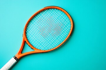 Orange tennis racket on a teal blue surface
