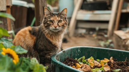 Cat Sitting Near Compost Bin in Lush Garden Setting with Vegetables