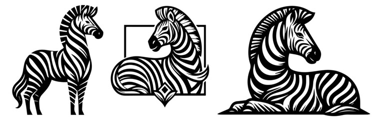 zebra tattoo set standing and resting black and white hand drawn vector illustrations
