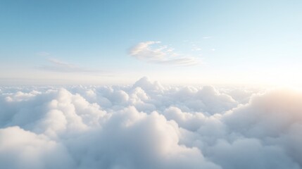Serene sky with fluffy clouds, expansive blue horizon with soft sunlight, ideal for themes of tranquility and inspiration.