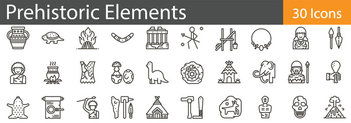 Prehistoric Elements Line Icons Set. Collection of 30 outline icons representing prehistoric animals, tools, and ancient symbols. Editable stroke vector illustration.