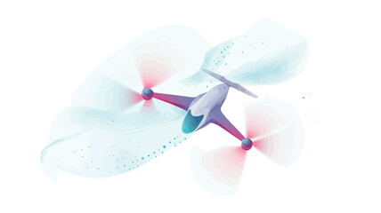 A digitally rendered image of a futuristic drone in flight against a white background. The drone is depicted in shades of light purple and white with red and blue motion blur suggesting the