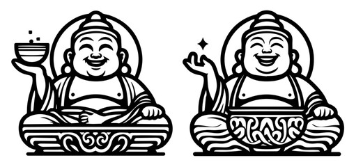 happy buddha illustration set in clean black and white line art style vector