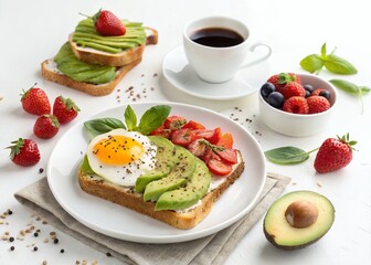 Healthy Breakfast Still Life with Avocado Toast and Coffee