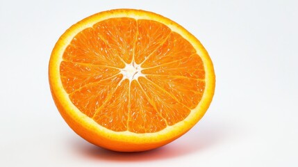 A vibrant half orange, juicy and fresh, sits on a bright white background, showcasing its segments and texture.