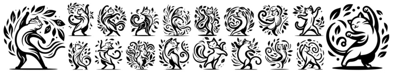 Obraz premium dancing cat illustration set with playful and whimsical poses vector