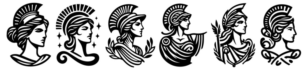 greek warrior woman head illustration set in classical antique style vector