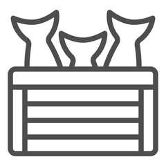 Fish in wooden box line icon, fishery delivery concept. Vector graphics. Box with fish sign on white background, outline style icon for mobile or web design.