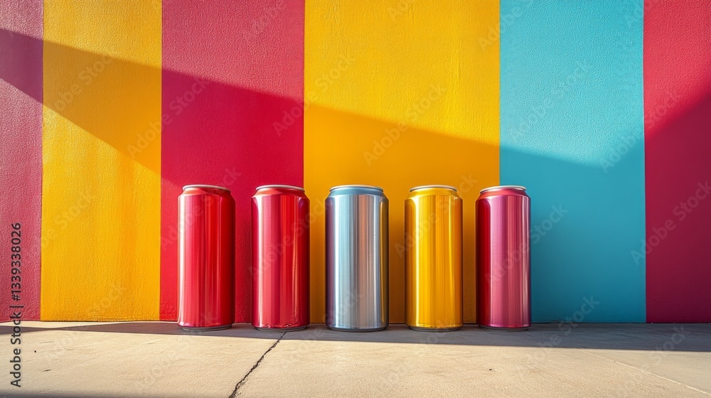 Poster metal cans of various colors lean against a bright mural with vertical stripes, casting long shadows