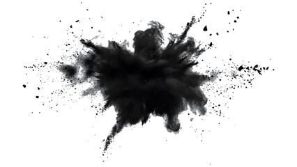 Fototapeta premium Explosive black powder burst against a white background. Closeup of black dust particles explode isolated on white background. 