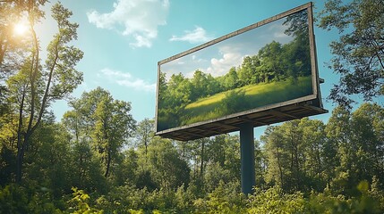 Billboard in forest showing nature scene.
