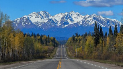 Fototapeta premium Scenic highway leading towards snow-capped mountains under a blue sky.