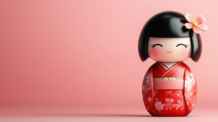 Smiling Kokeshi Doll in Red Kimono on Pink Background