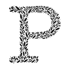 Floral botanical alphabet. Vintage hand drawn monogram letter P. Letter with plants and flowers. Vector lettering isolated on white