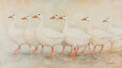 Obraz premium Seven White Ducks in a Row, Textured Painting, Beige Background