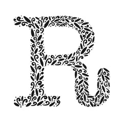 Floral botanical alphabet. Vintage hand drawn monogram letter R. Letter with plants and flowers. Vector lettering isolated on white