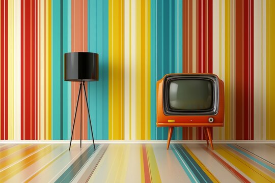 Colorful retro living room with striped wallpaper and vintage TV