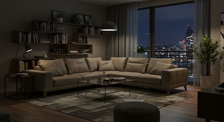 Modern living room with L-shaped sofa, glass coffee table and carpet with geometric pattern. 