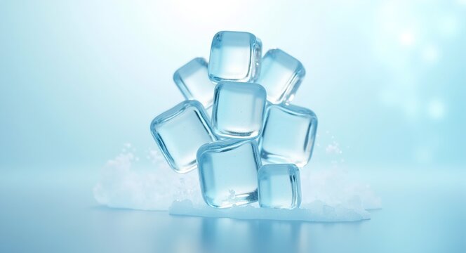 pale blue background a group of transparent ice cubes generative ai  
