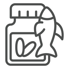Omega capsules jar and fish line icon, fatty acids concept. Vector graphics. Medicine sign on white background, outline style icon for mobile or web design.