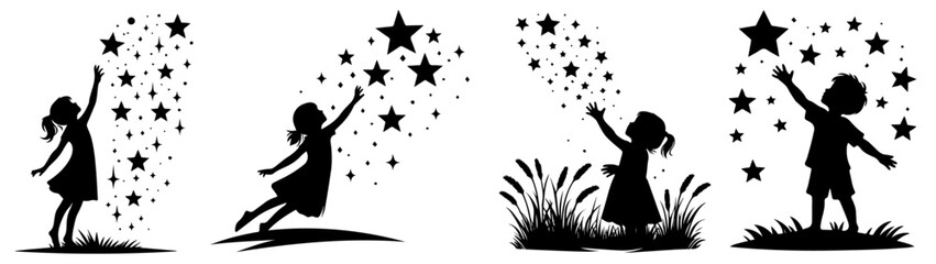 children reaching for stars rendered as a high-contrast black vector shape