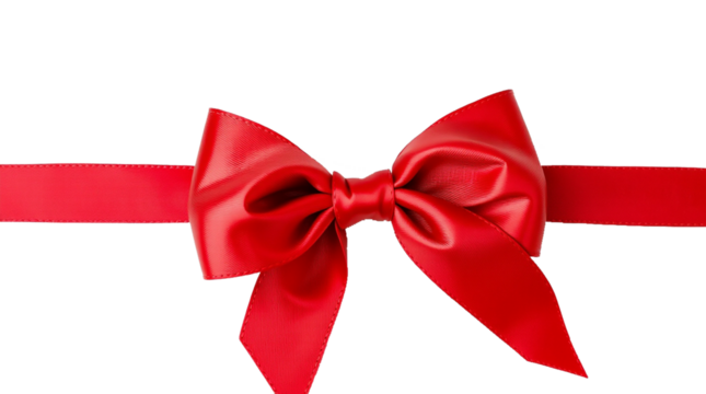 Red satin ribbon tied. Isolated, transparent, png. Classic decorative shiny bow detail element. Festive and colorful material. Celebration gift present symbol. Shiny red ribbon design element.