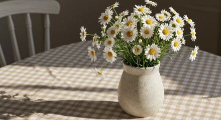 Fresh daisies brighten a rustic table in a sunlit kitchen