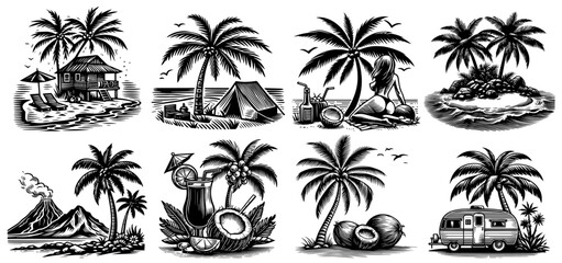 tropical island and beach vacation scenes black and white vintage illustration set © Aisha Kudorova