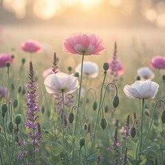 Colorful wildflowers poppy flower bloom under the soft glow of the setting sun in a serene meadow