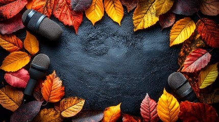 Autumn leaves frame with microphones on dark background.