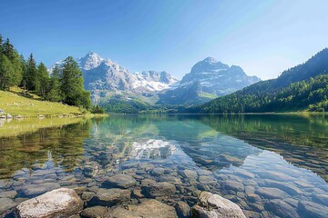 Alpine Lake Serenity: Crystal Clear Reflection.