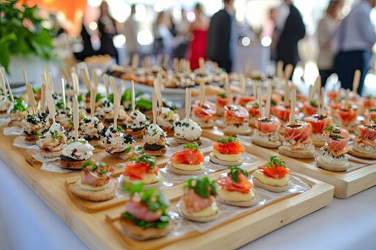Delicious gluten-free, organic green salads and snacks arranged on a catering table for a corporate event
