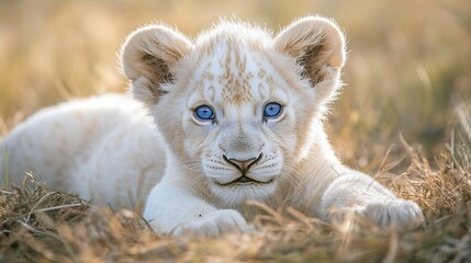 A rare, delicate white lion cub with blue eyes playing in the grass.