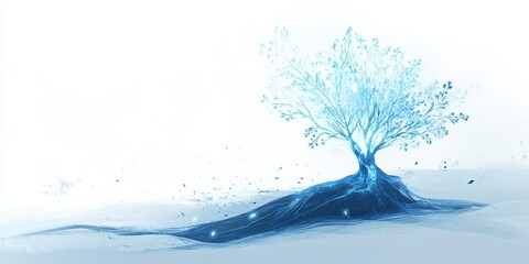 A luminous blue tree stands on a simple textured landscape