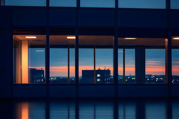 Fototapeta premium office building at dusk with lit windows.