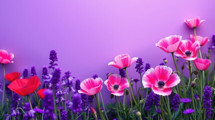Colorful blooming flowers in a vibrant purple garden under clear sky
