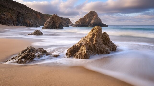 Serene coastal landscape with smooth waves lapping at rocky formations under a cloudy sky - Powered by Adobe
