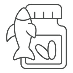 Omega capsules jar and fish thin line icon, fatty acids concept. Vector graphics. Medicine sign on white background, outline style icon for mobile or web design.