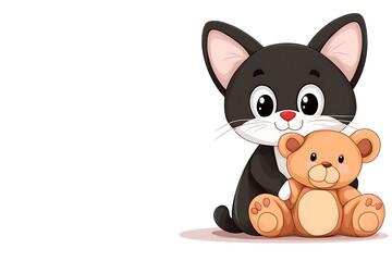 Cute kitten hugging teddy bear; white background; children's book illustration