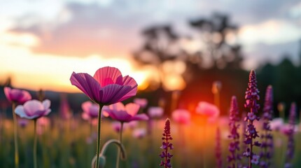 Colorful wildflowers bloom under warm sunlight in a serene meadow during late spring