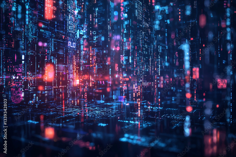 Poster navigating the neon labyrinth of data streams in a digital cityscape