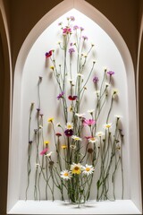 Vibrant floral display in a modern alcove showcasing a variety of colorful flowers and greenery