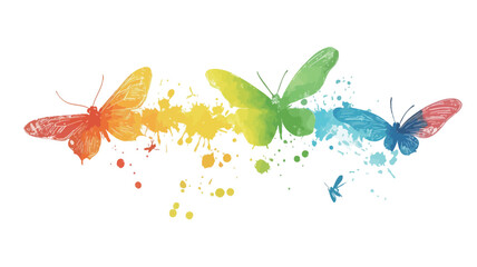 The image features a horizontal arrangement of five stylized butterflies rendered in a watercolor painting style.  Each butterfly displays a distinct, saturated color��red-orange, yellow, green,